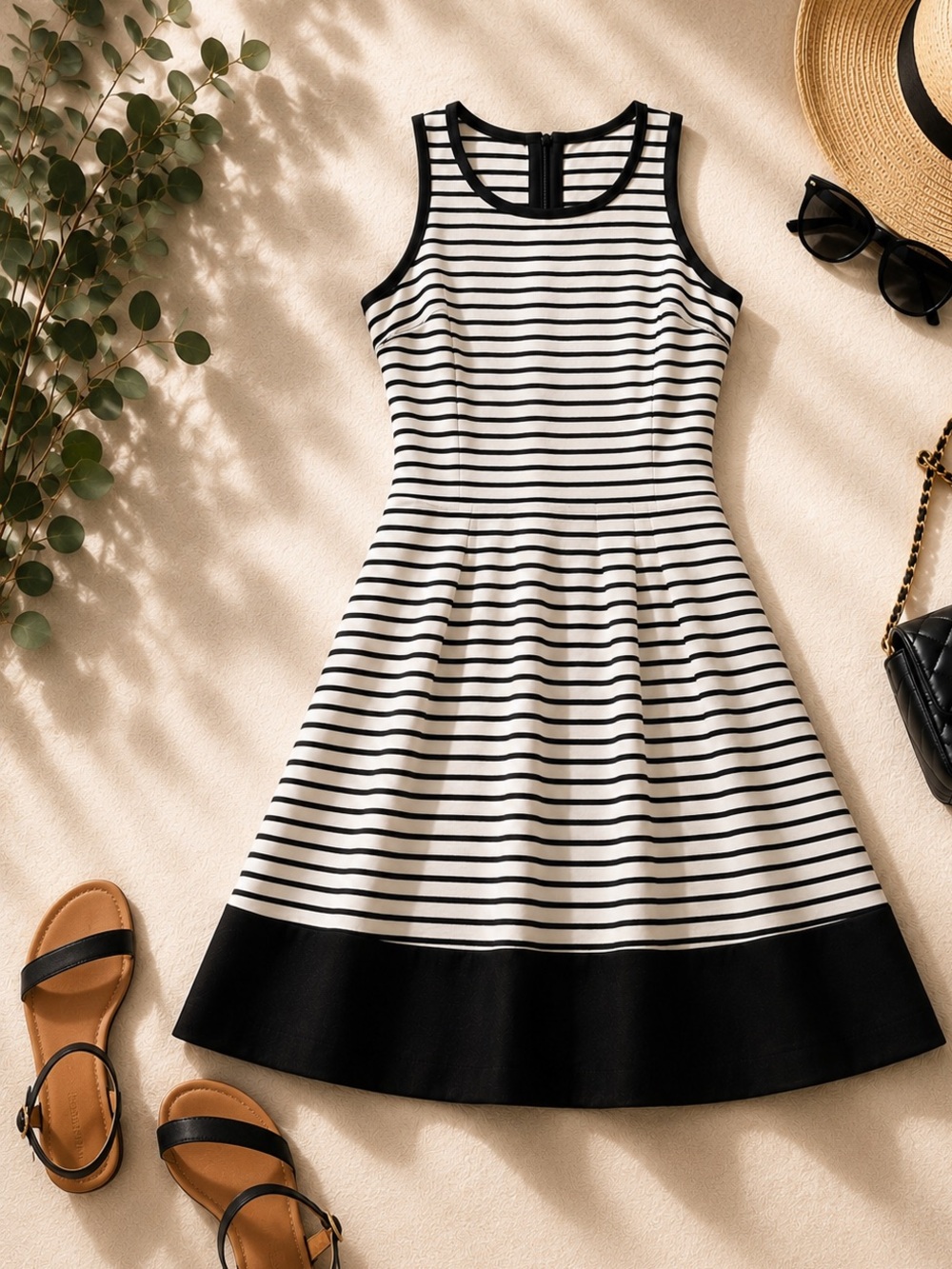 Nicole Miller Black White Striped Sleeveless Fit & Flare Dress Pockets Size M